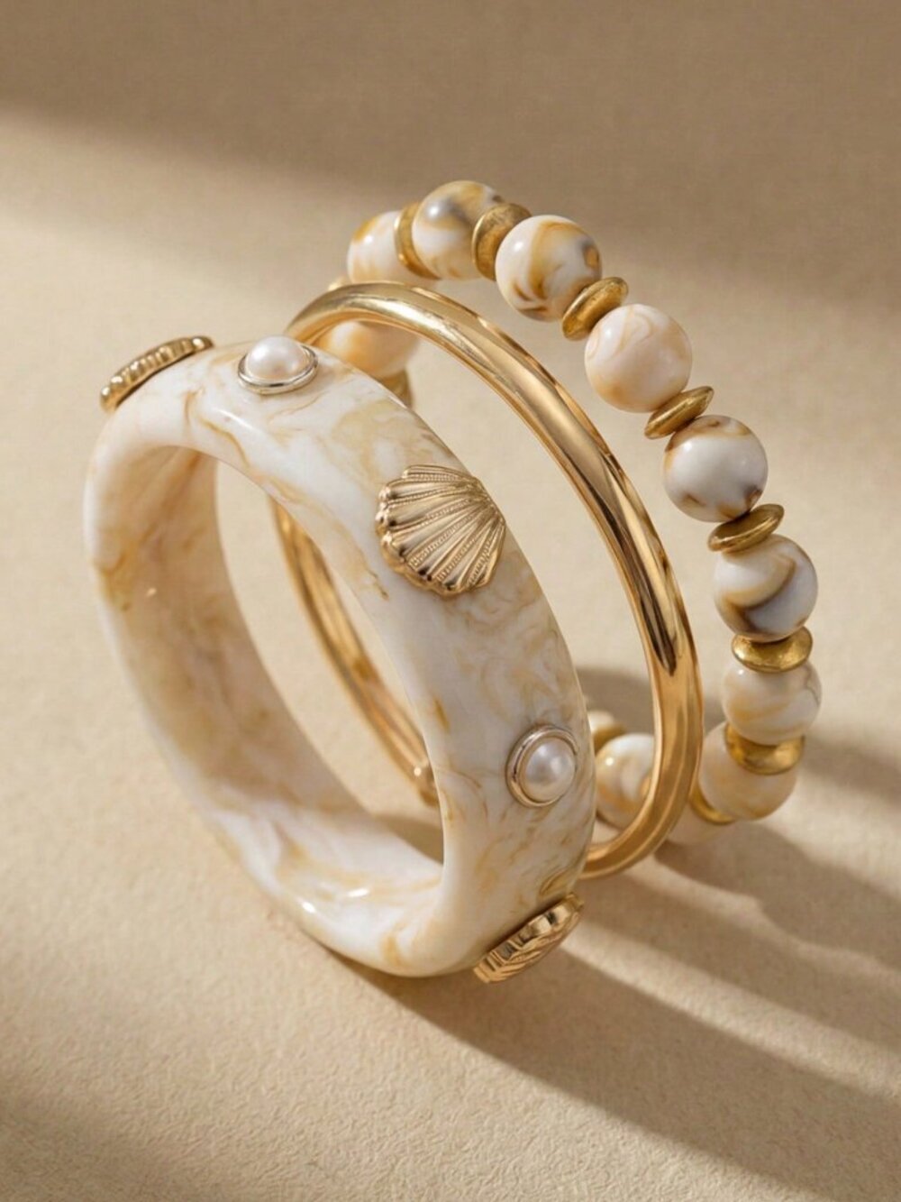 Multicolor Boho Women's Resin Multilayer Shell & Faux Pearl Bangle Set - Picture 1 of 6